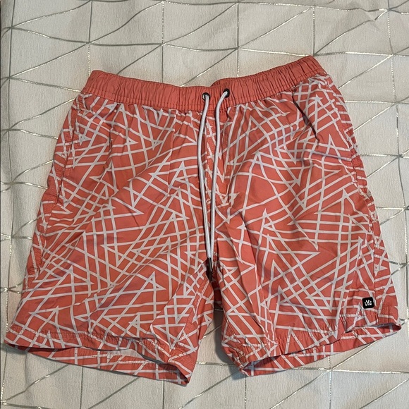 Micros Coral Swim Shorts with White Geometric Design - Picture 1 of 2